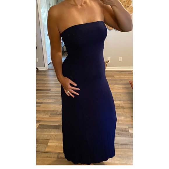 navy blue strapless maxi dress